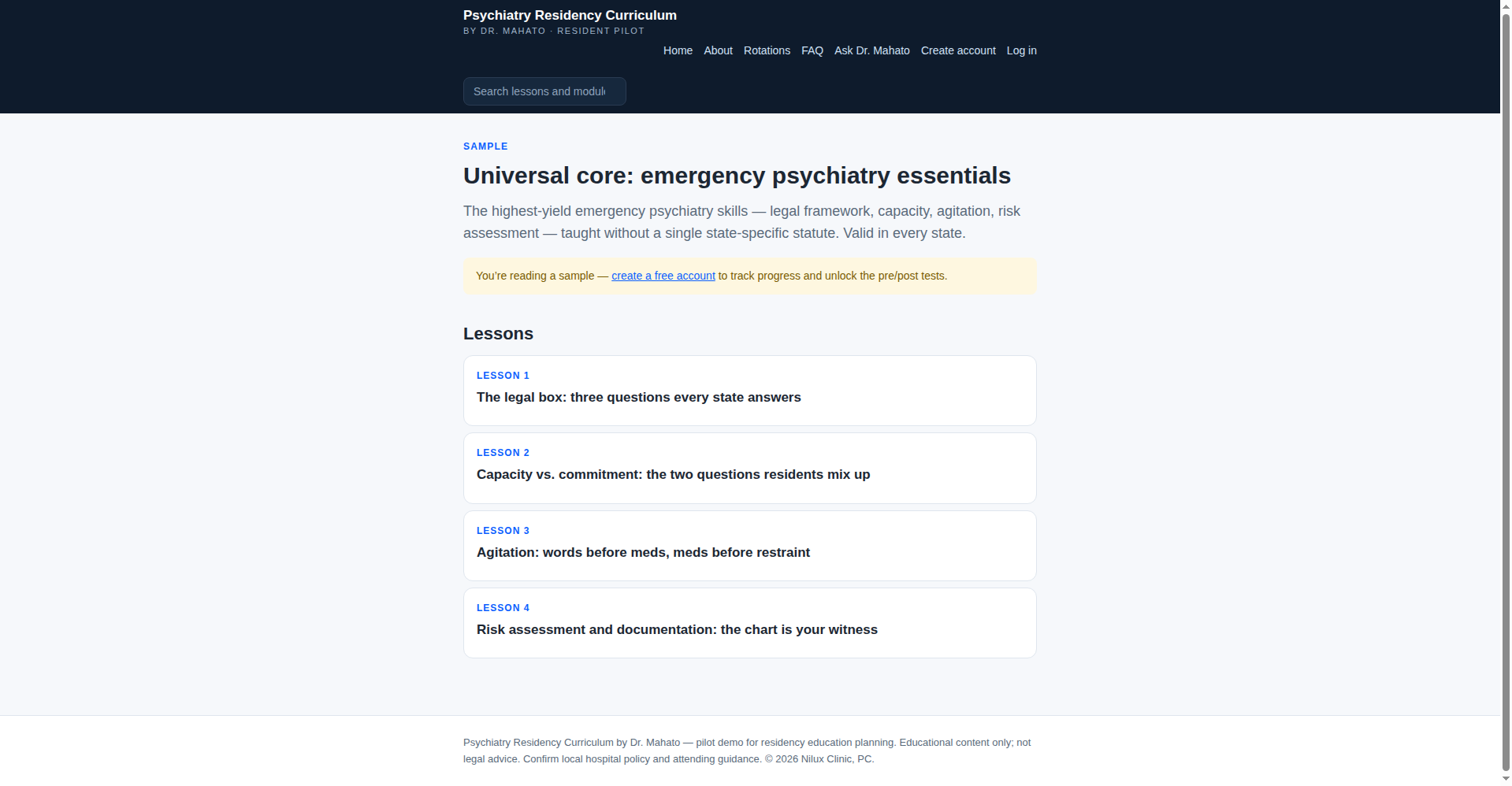 Sample module: Universal core — emergency psychiatry essentials, showing four quiz-first lessons