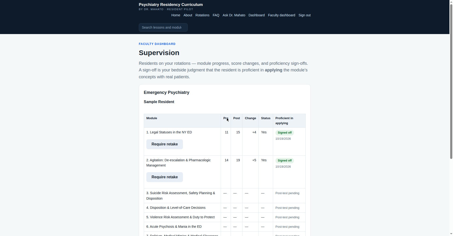 Faculty supervision dashboard with a signed-off Module 1