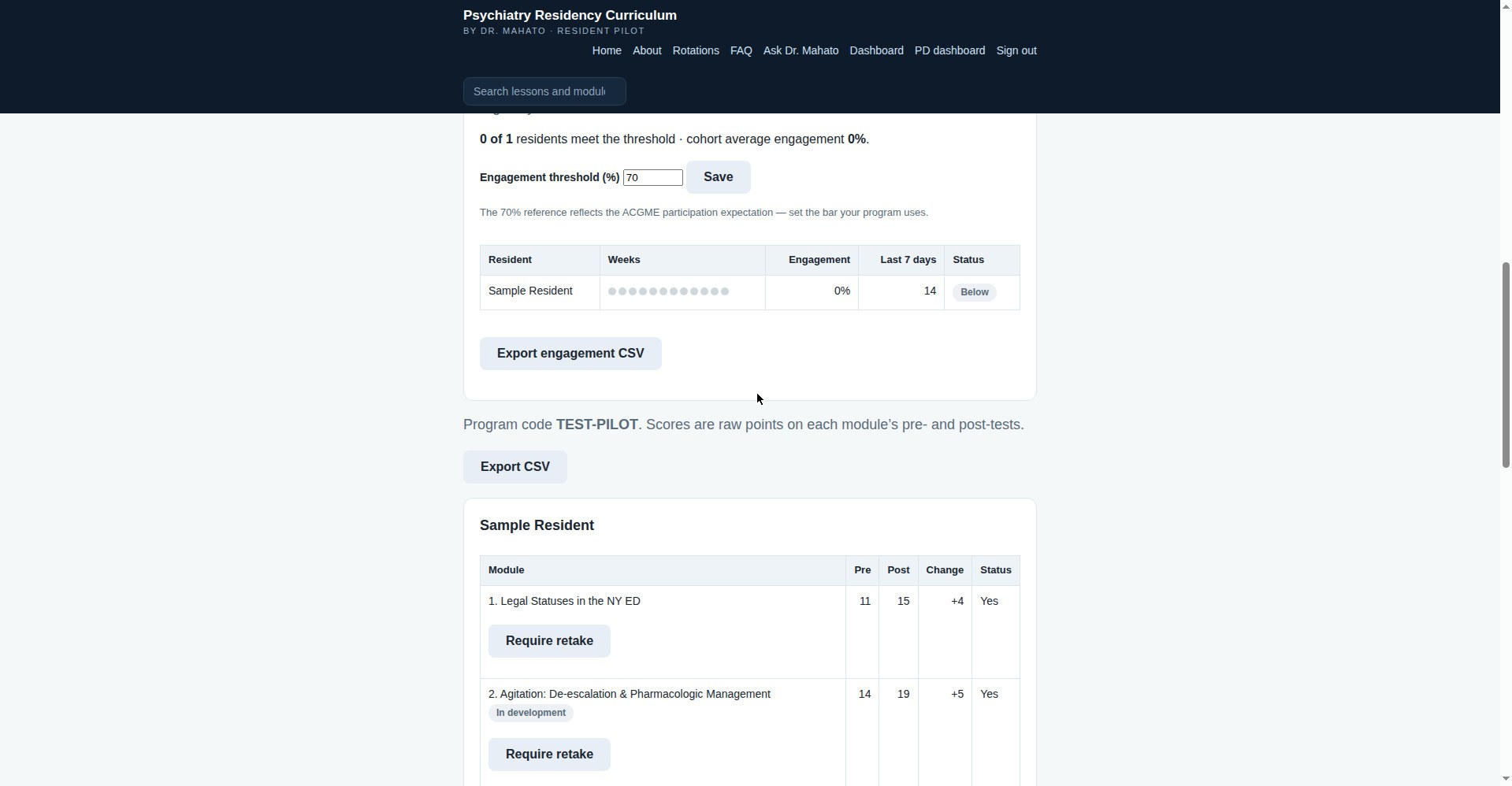 Per-resident module scores table with export button