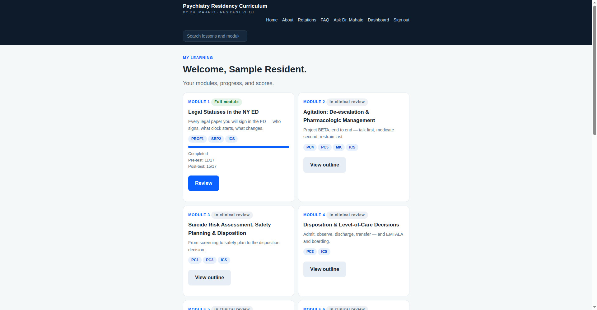 Resident dashboard showing Module 1 complete with pre-test and post-test scores
